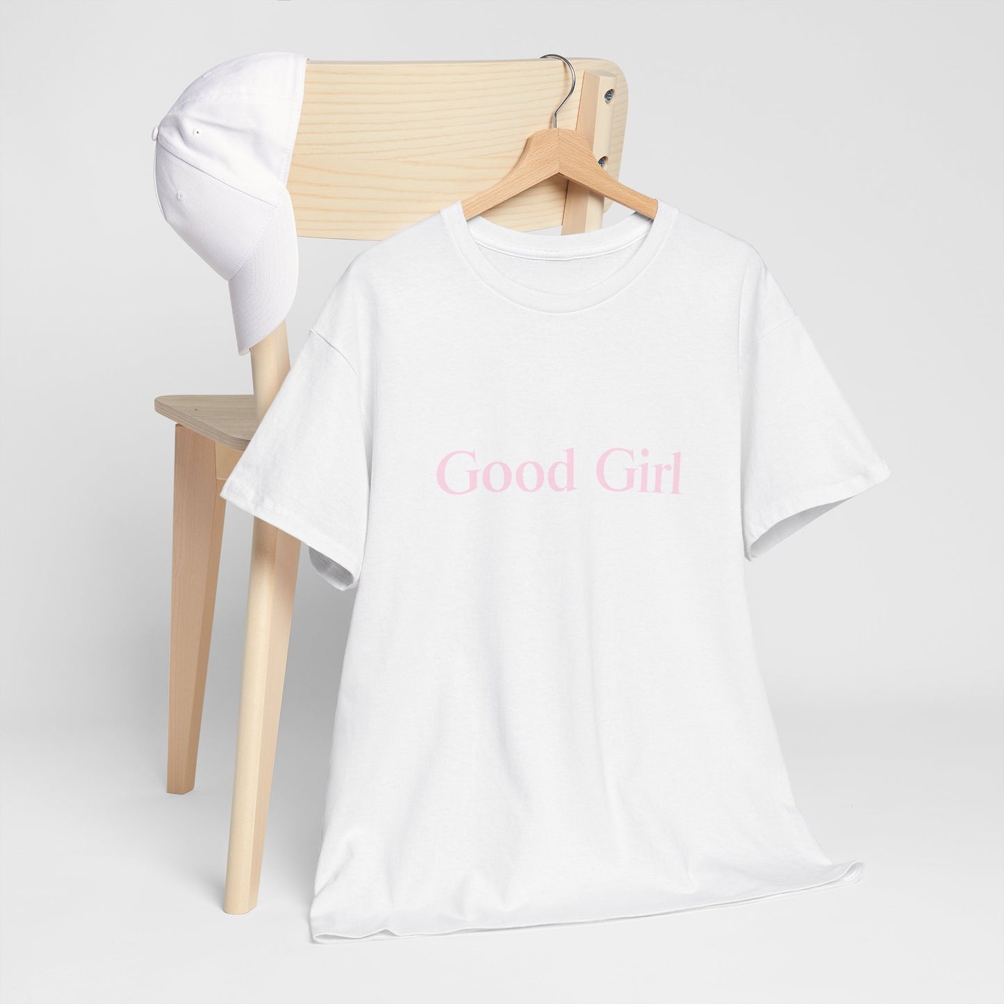 Good Girl Unisex Heavy Cotton Tee with Baby Pink Letters