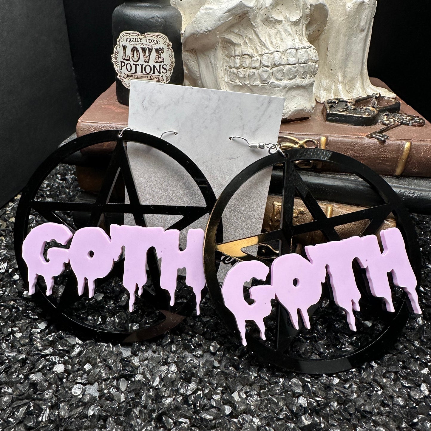 Pentagram Goth Acrylic Black & Violet Earrings