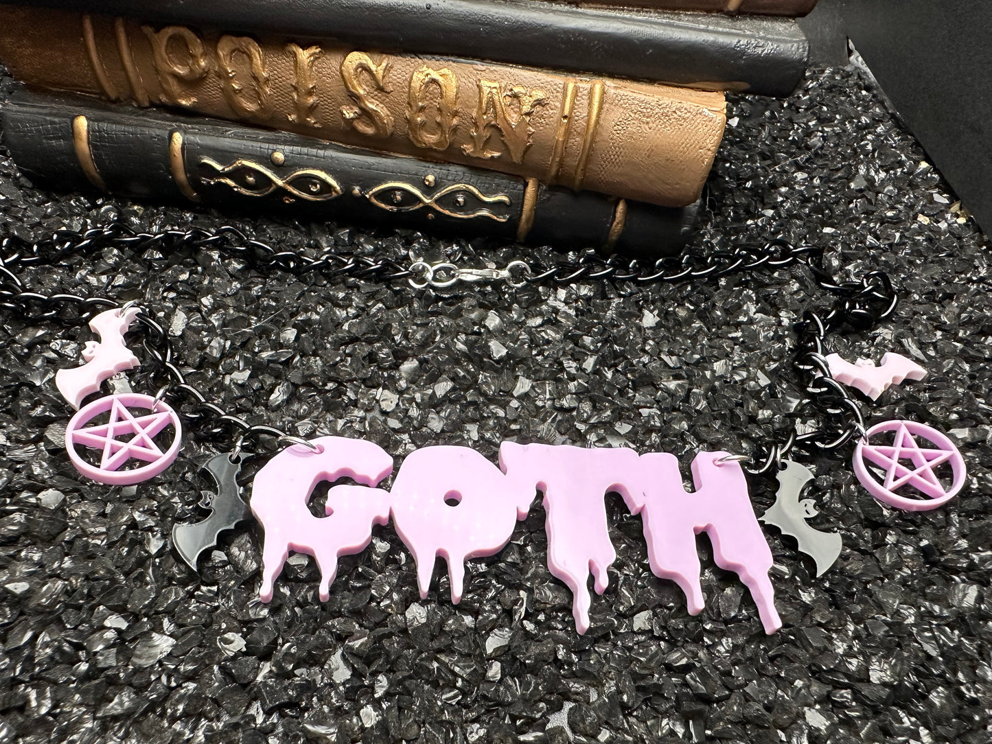 Goth Necklace with Pentagram and Bat Charms