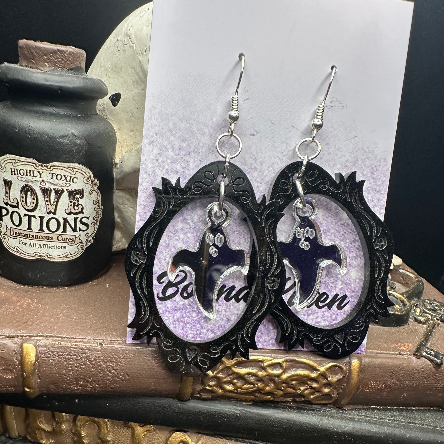 Halloween Photo Frame Black Acrylic & Silver Mirrored Ghosts Earrings