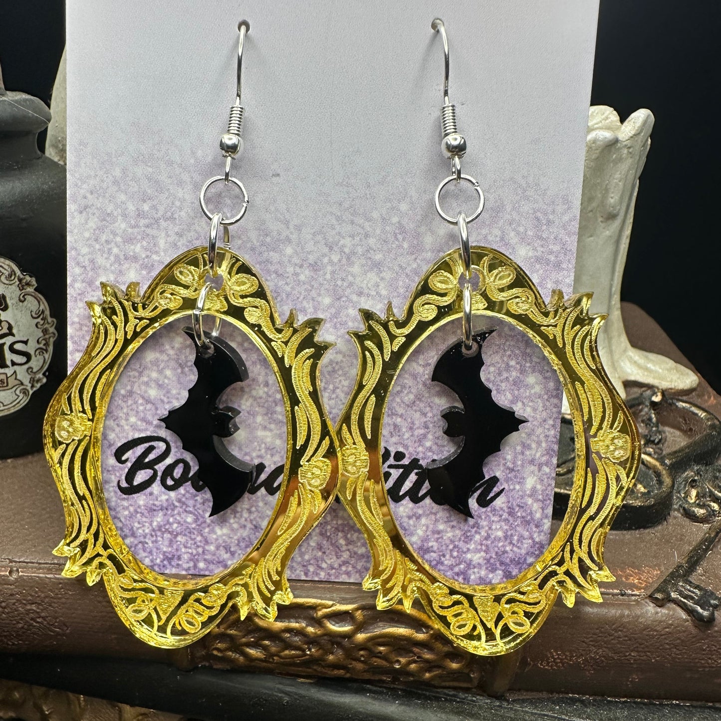 Halloween Photo Frame Mirrored Gold Acrylic & Black Bats Earrings