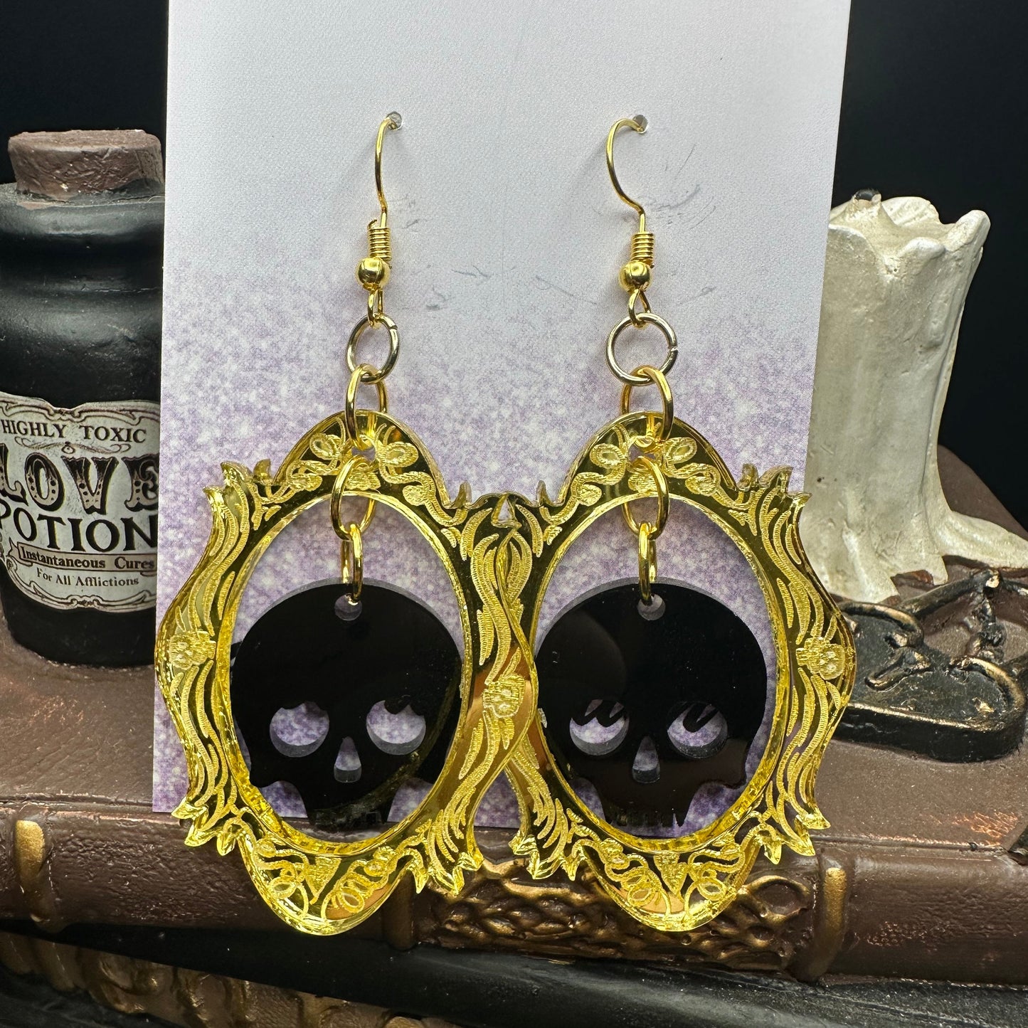 Halloween Photo Frame Mirrored Gold Acrylic & Black Skull Earrings