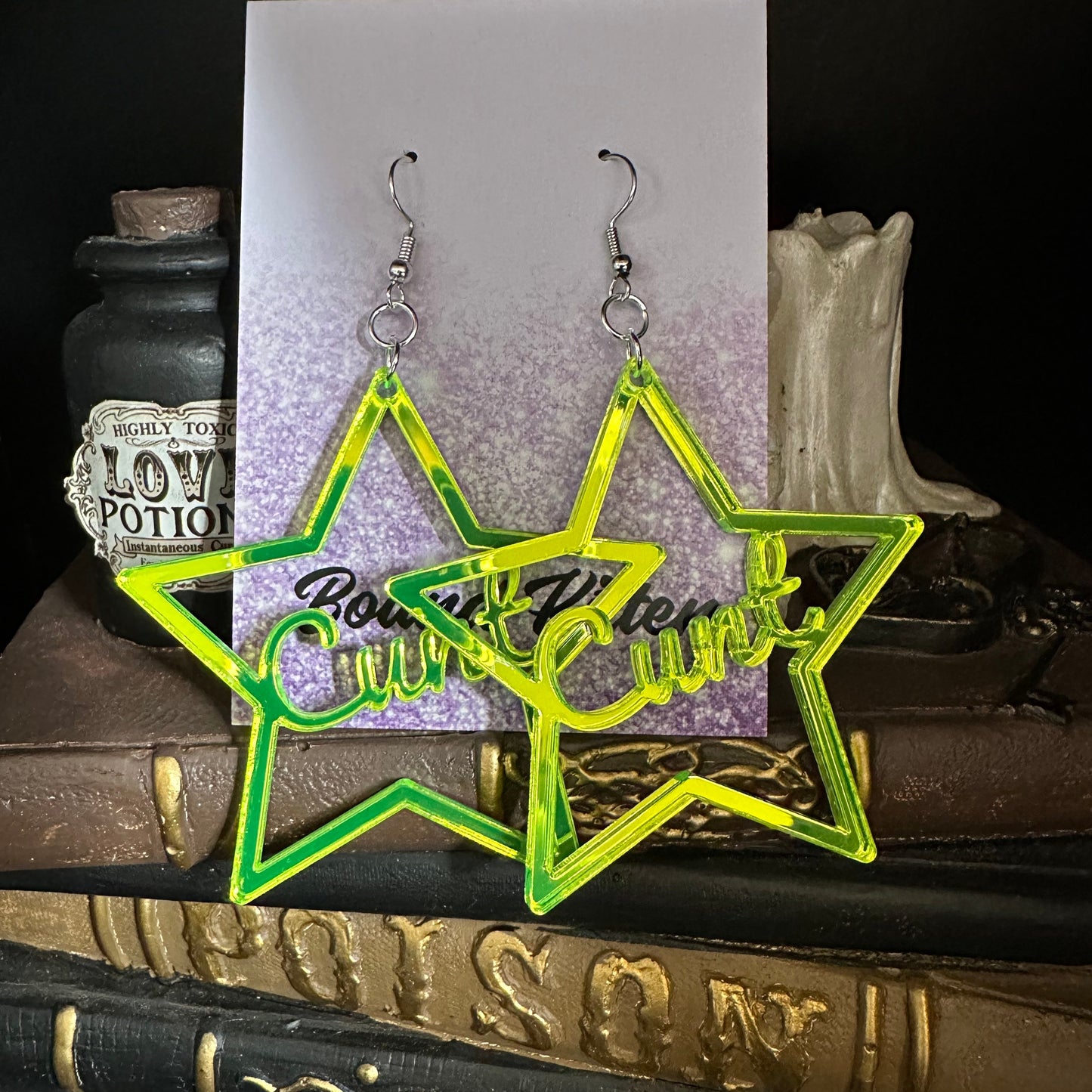 Cunt Earrings, Mirrored Neon Lime Green Acrylic