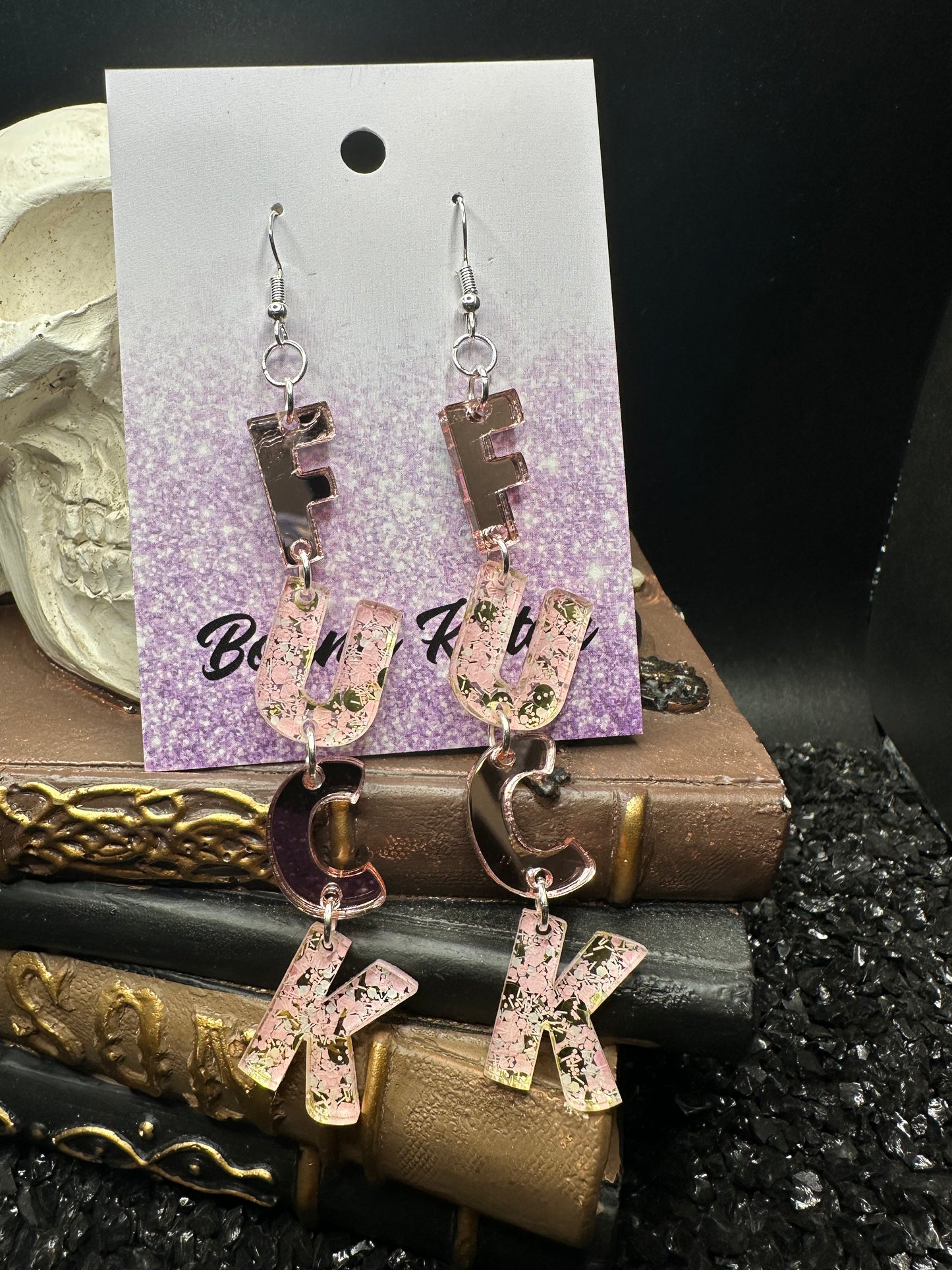 FUCK Mirrored Rose Gold Acrylic Earrings