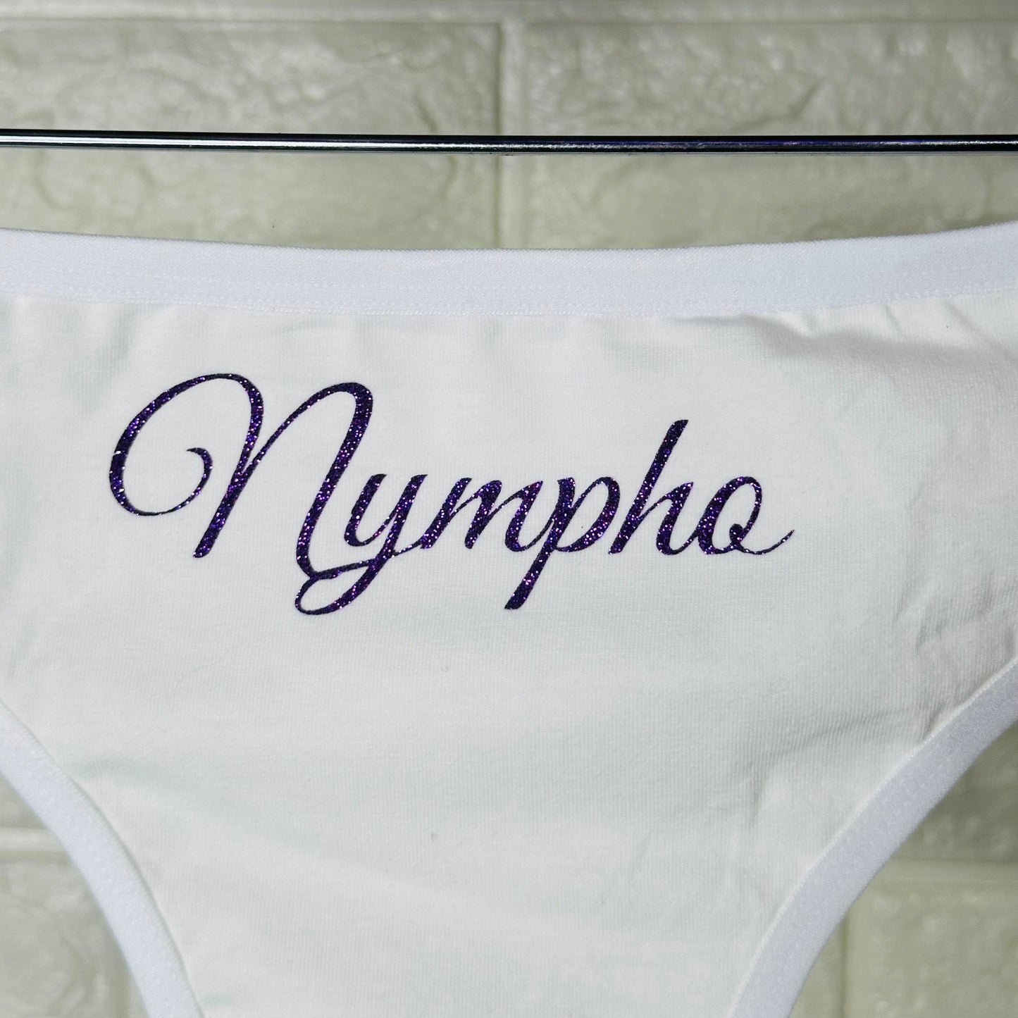 Nympho Cotton Thong Panties with Purple Letters