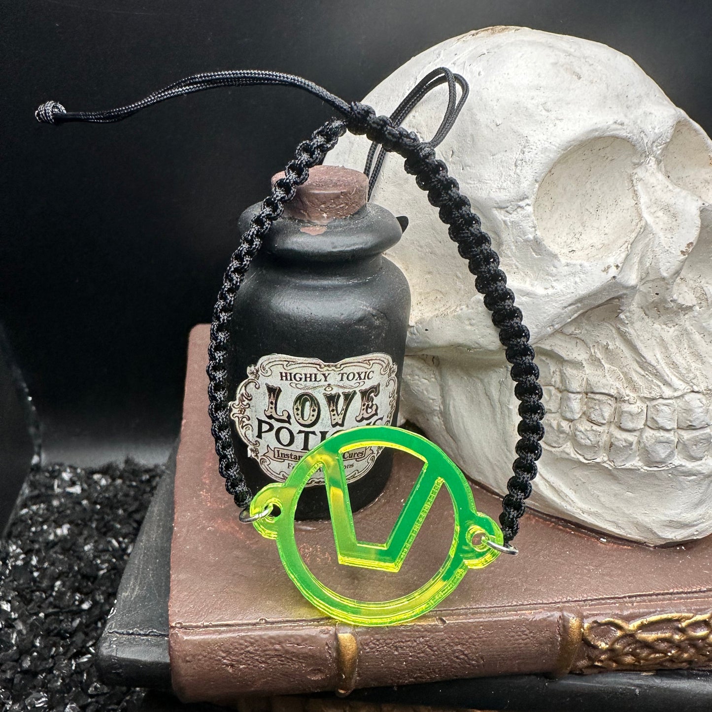 Swinger Symbol Lime Green Acrylic Bracelet on Adjustable Black Cord