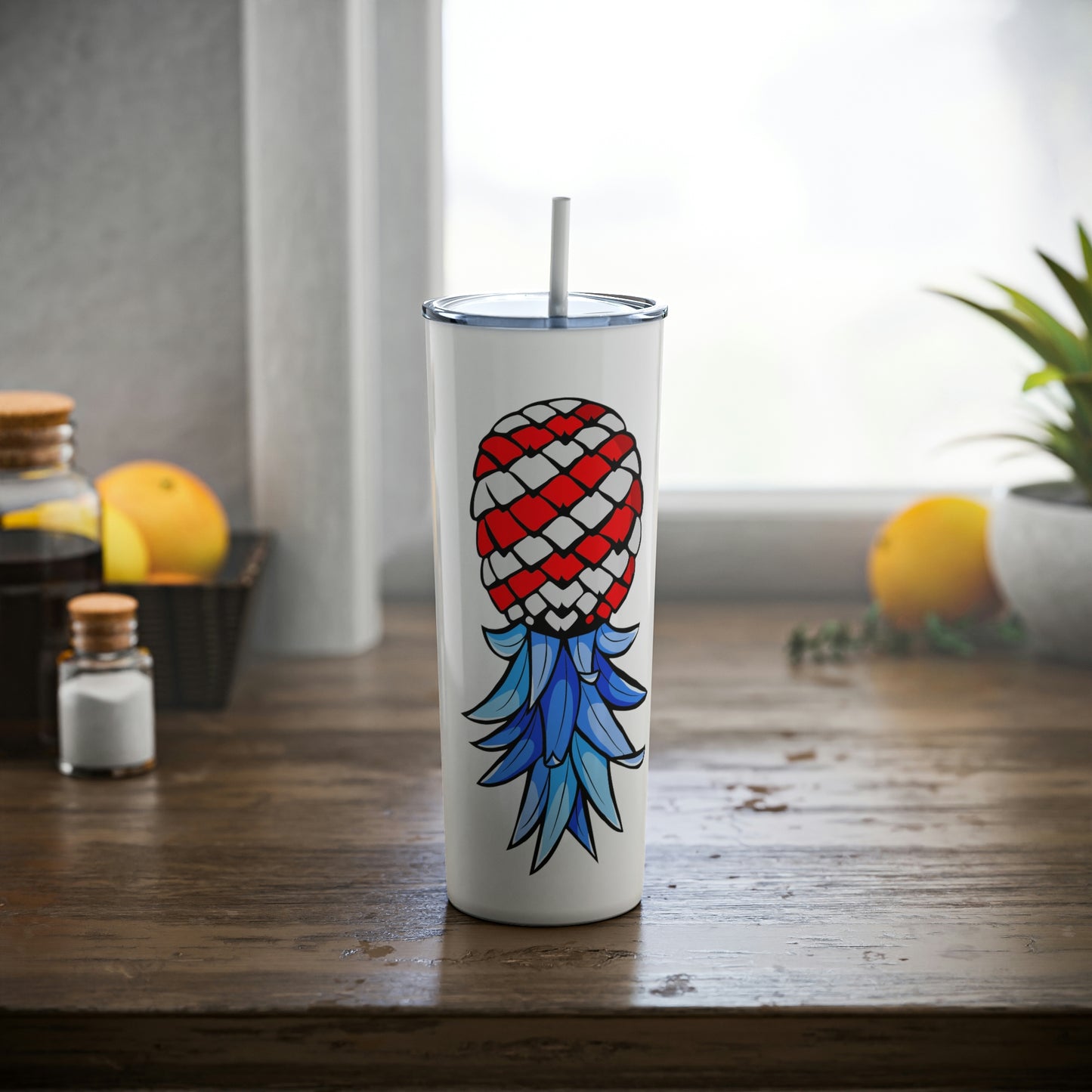 American Flag Upside Down Pineapple Skinny Steel Tumbler with Straw, 20oz