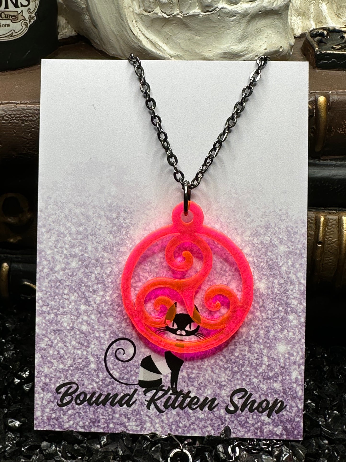 Triskelion Neon Pink/Orange Acrylic On 18" Black Chain, BDSM Collar / Necklace