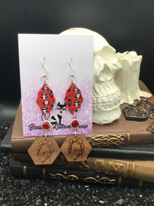 BDSM Acrylic Earrings with Hexagon Masked Kitten & Red Crystal
