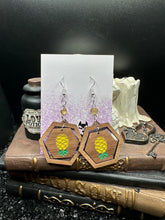 Load image into Gallery viewer, Upside Down Pineapple Hexagon Wood Earrings with Yellow Crystal
