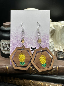 Upside Down Pineapple Hexagon Wood Earrings with Yellow Crystal