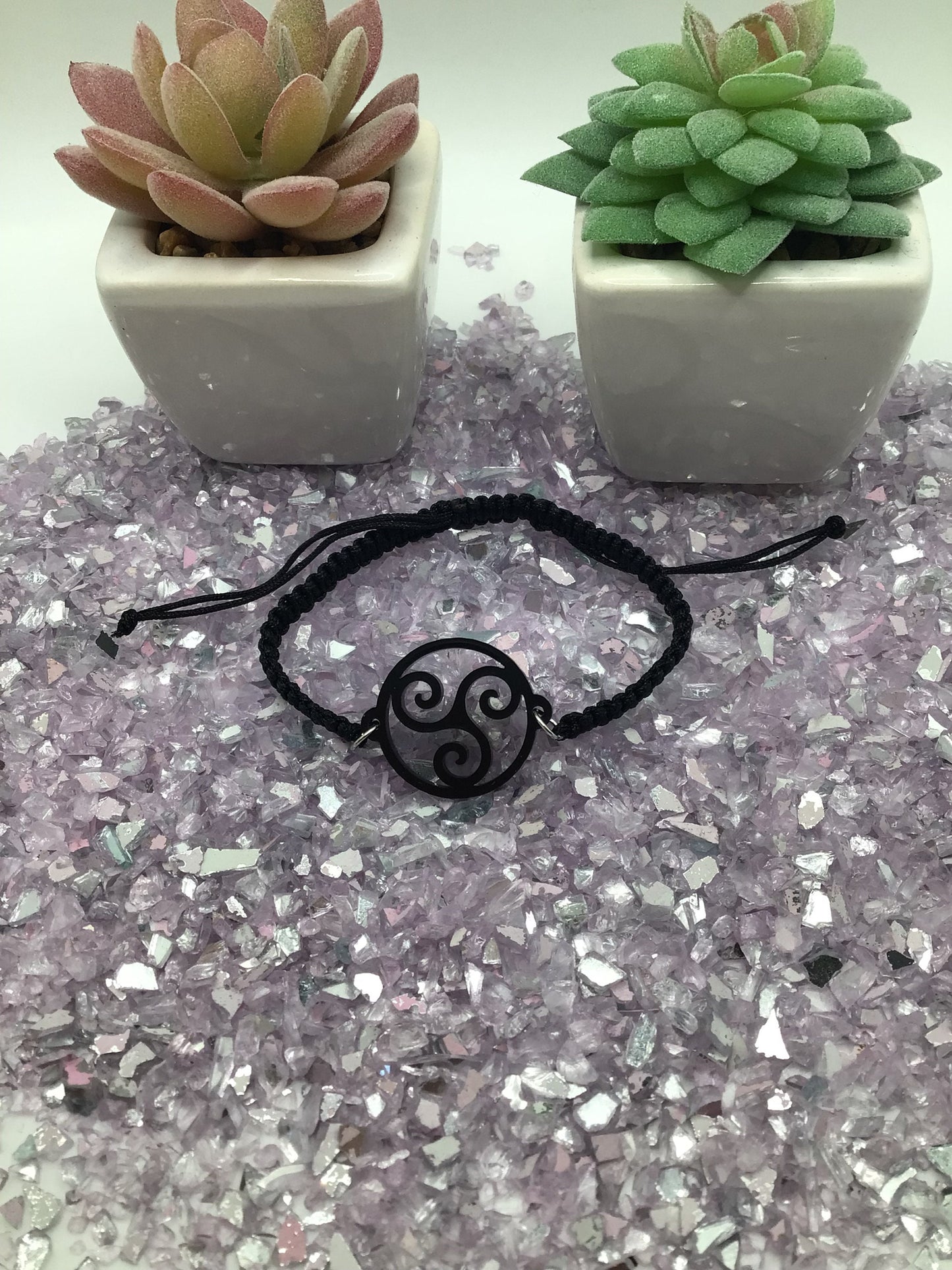 Triskelion Black Acrylic on Adjustable Black Cord Bracelet