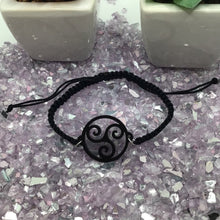 Load image into Gallery viewer, BDSM Triskelion Black Acrylic on Adjustable Black Cord Bracelet
