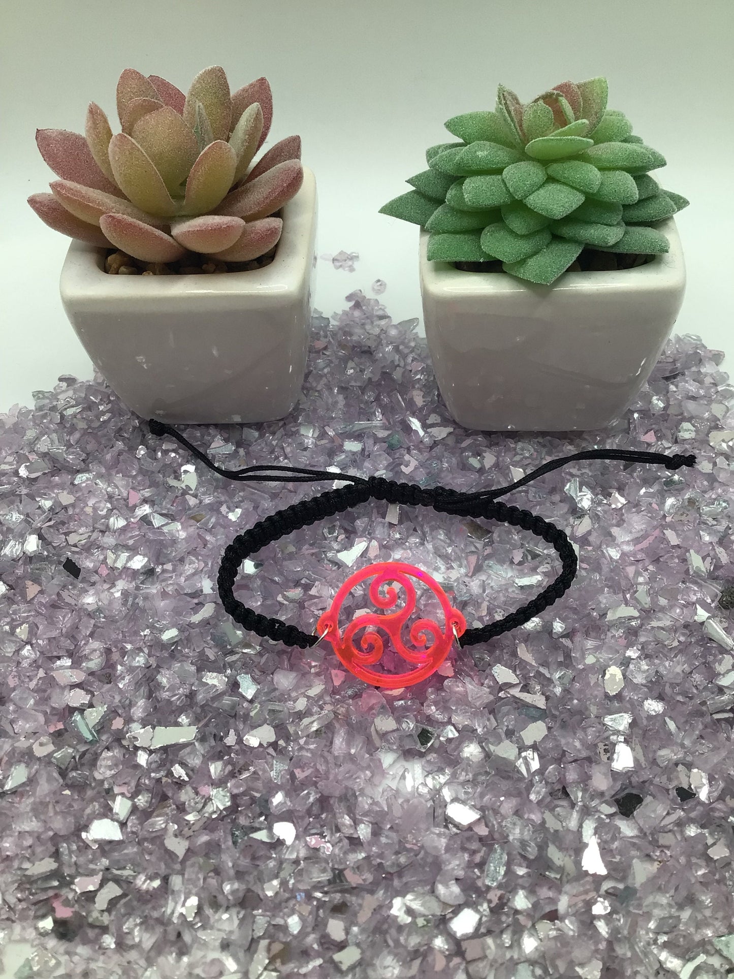 Triskelion Hot Pink Acrylic on Adjustable Black Cord Bracelet