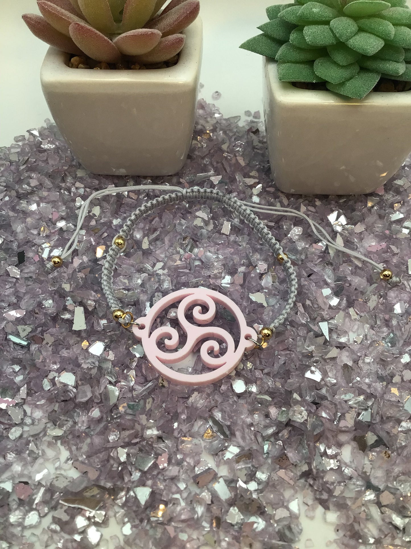 Triskelion Tulip Pink Acrylic on Adjustable Gray Bracelet