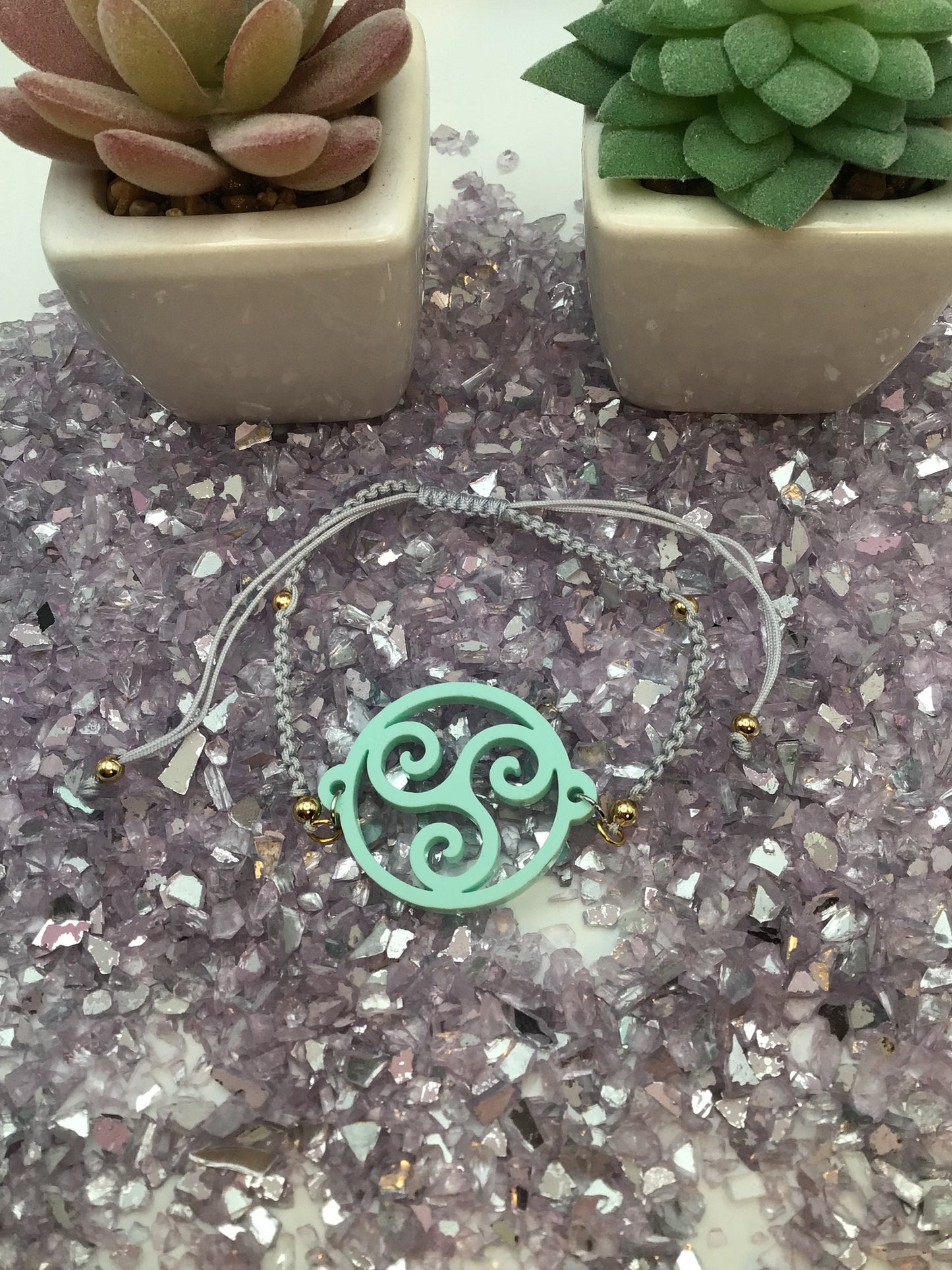 Triskelion Sea Holly Teal Acrylic on Adjustable Gray Bracelet