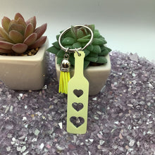 Load image into Gallery viewer, BDSM Heart Paddle Keyring, Buttercup Yellow Acrylic w/Neon Yellow Tassel
