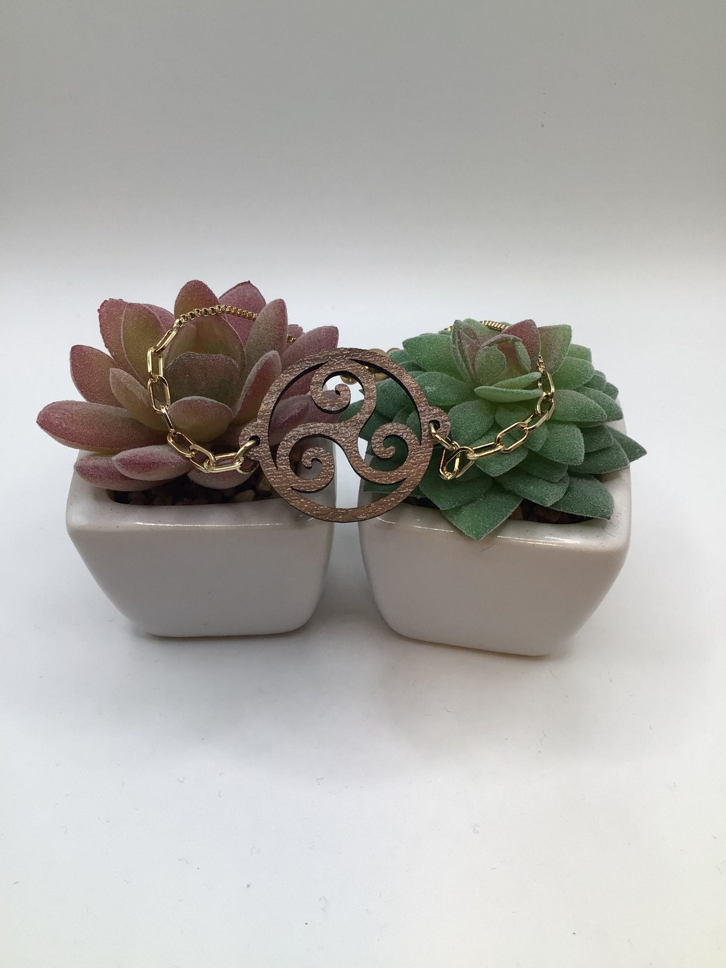 Wood Triskelion on Adjustable Yellow Link Chain Bracelet