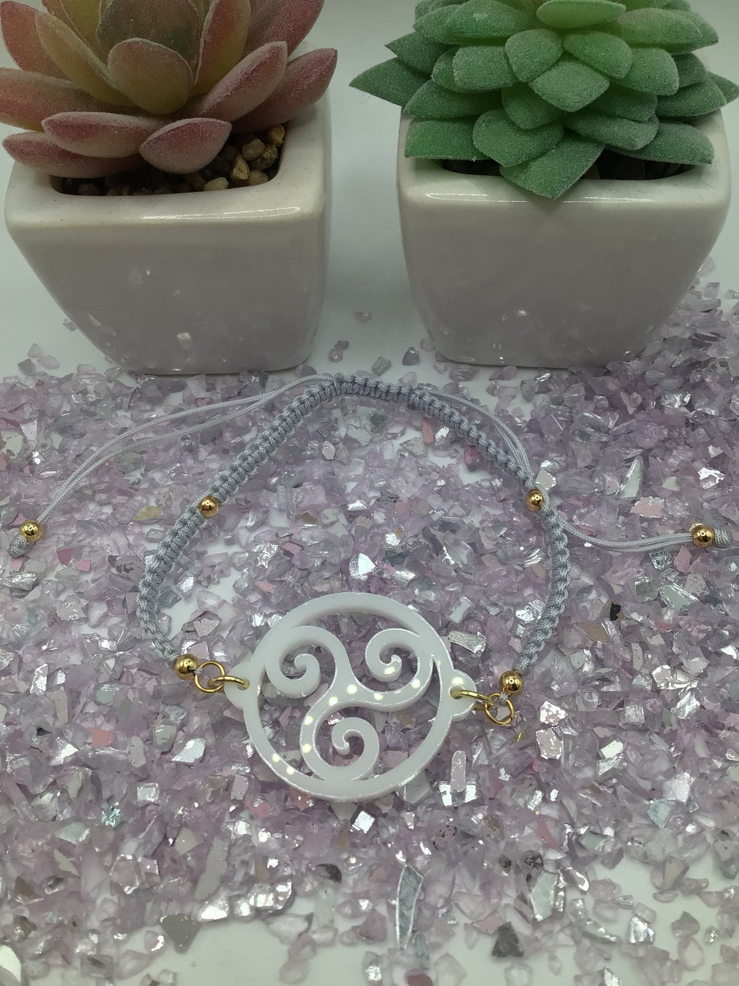 Triskelion White Acrylic on Adjustable Gray Bracelet