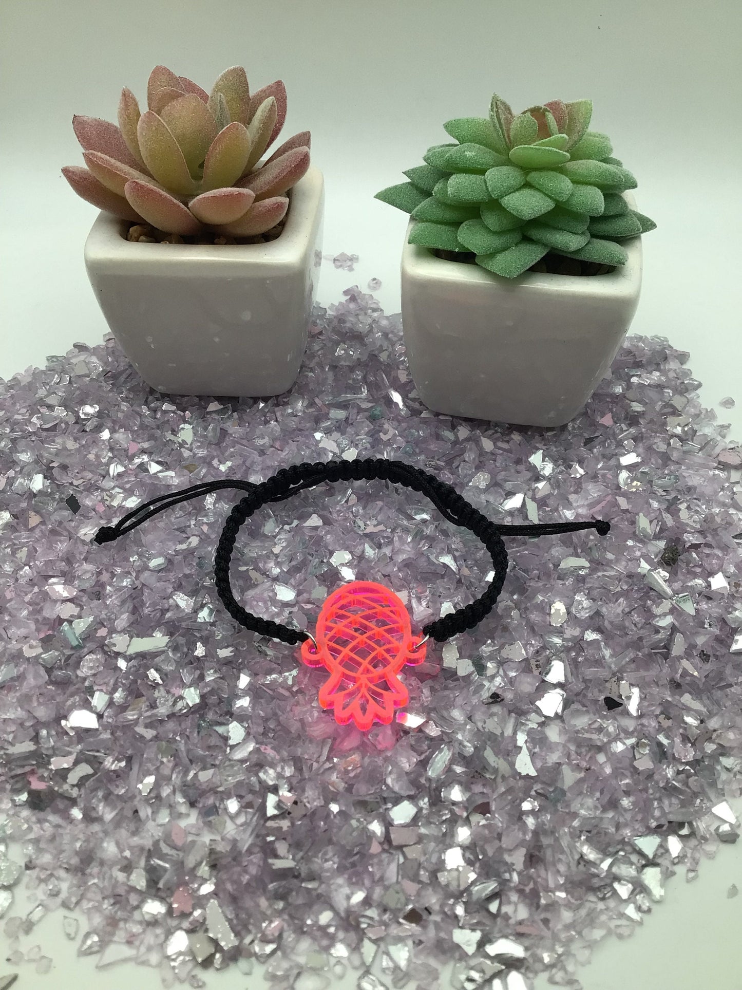 Upside Down Pineapple Hot Pink Acrylic on Adjustable Black Cord Bracelet