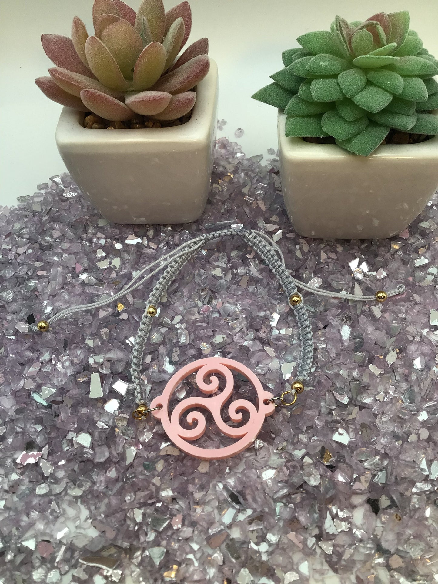 Triskelion Rose Pink Acrylic on Adjustable Gray Bracelet