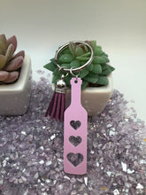 Load image into Gallery viewer, BDSM Heart Paddle Keyring, Violet Lavender Acrylic w/Purple Tassel
