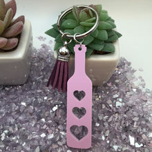 Load image into Gallery viewer, BDSM Heart Paddle Keyring, Violet Lavender Acrylic w/Purple Tassel
