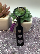 Load image into Gallery viewer, BDSM Heart Paddle Keyring, Black Acrylic w/Purple Tassel
