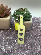 Load image into Gallery viewer, BDSM Heart Paddle Keyring, Buttercup Yellow Acrylic w/Neon Yellow Tassel
