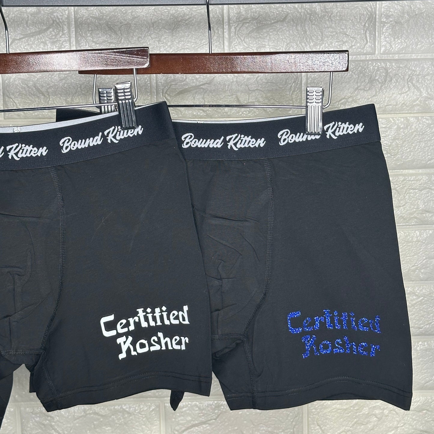 Certified Kosher Cotton Boxers with Blue Glitter Letters