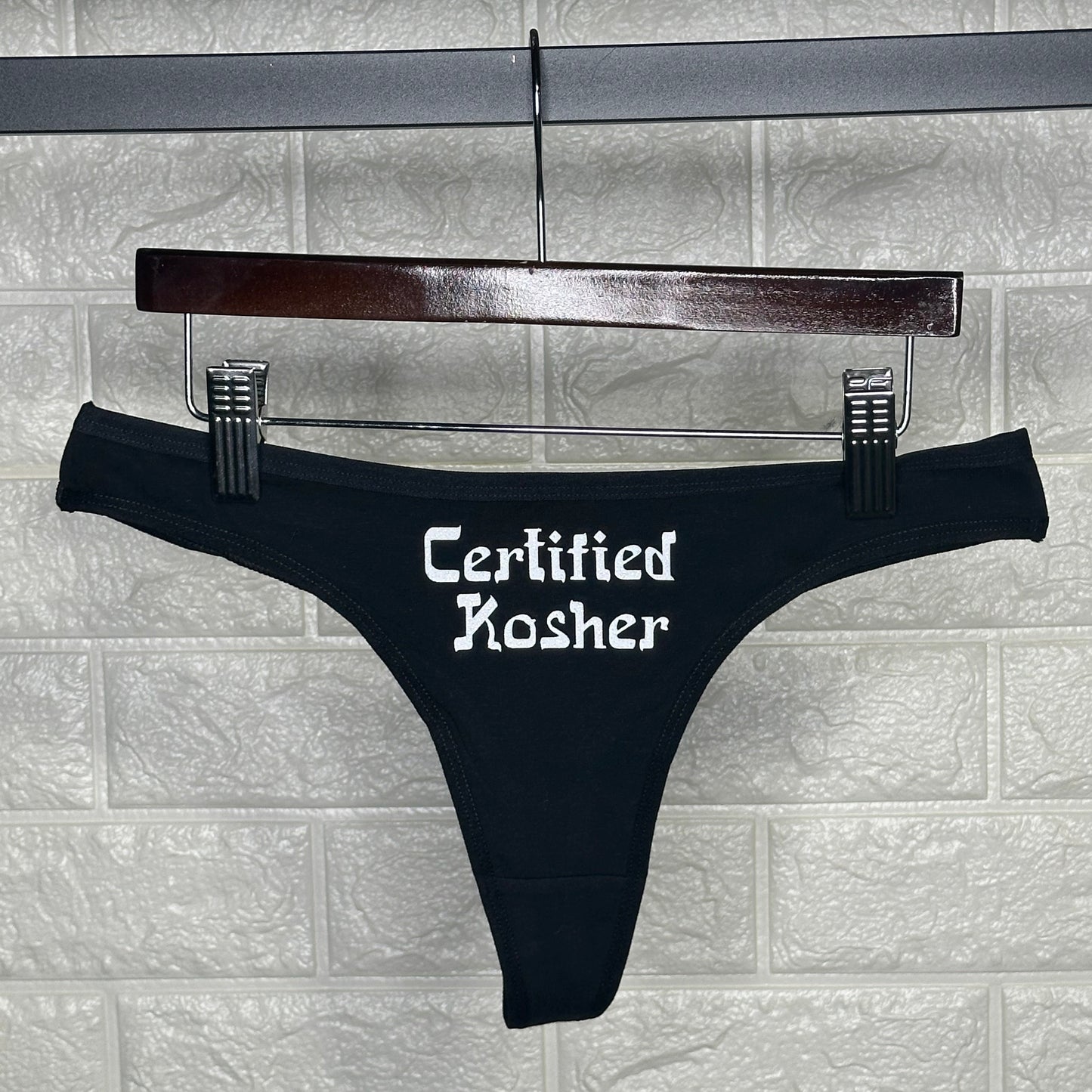 Certified Kosher Cotton Thong Panties with White Glitter Letters