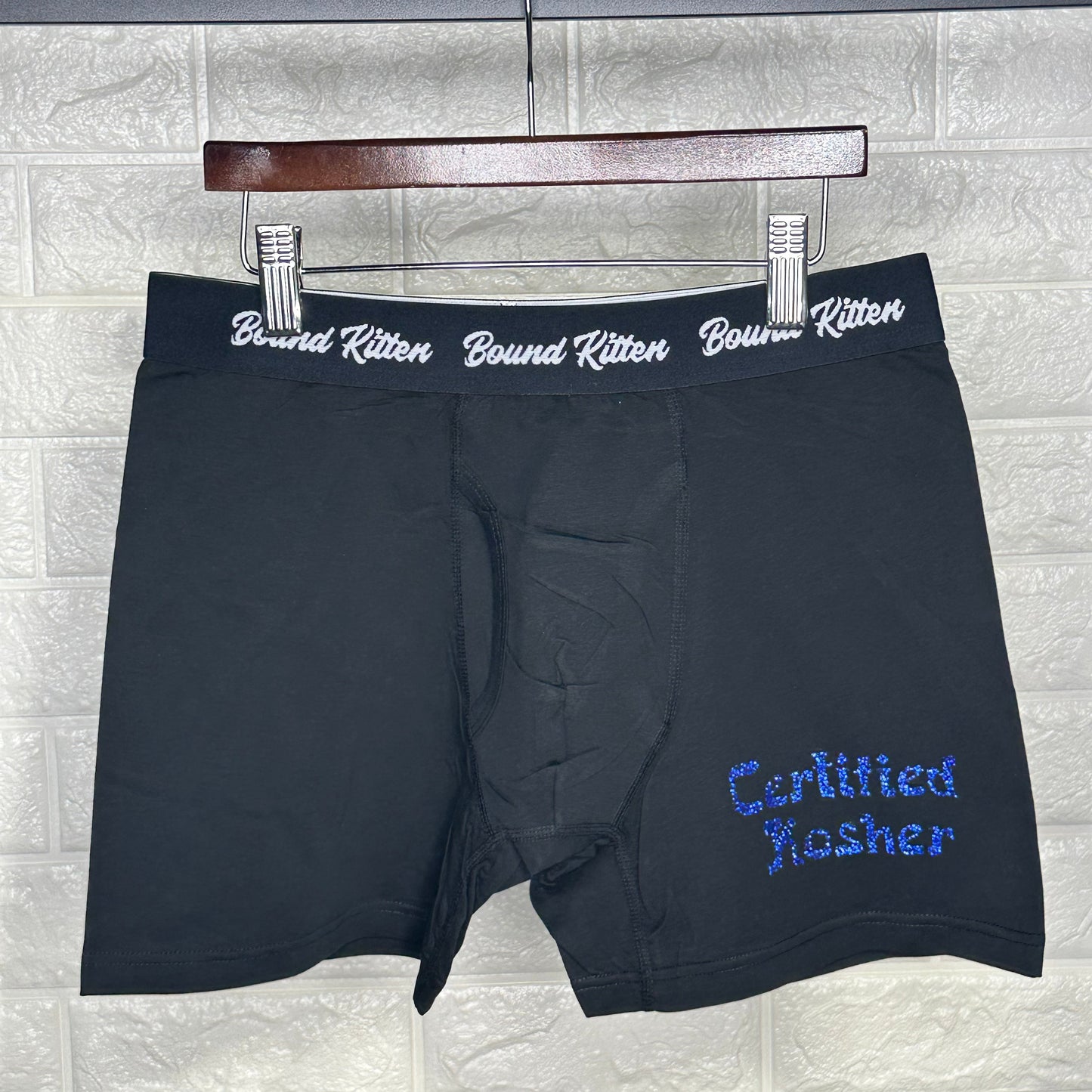 Certified Kosher Cotton Boxers with Blue Glitter Letters