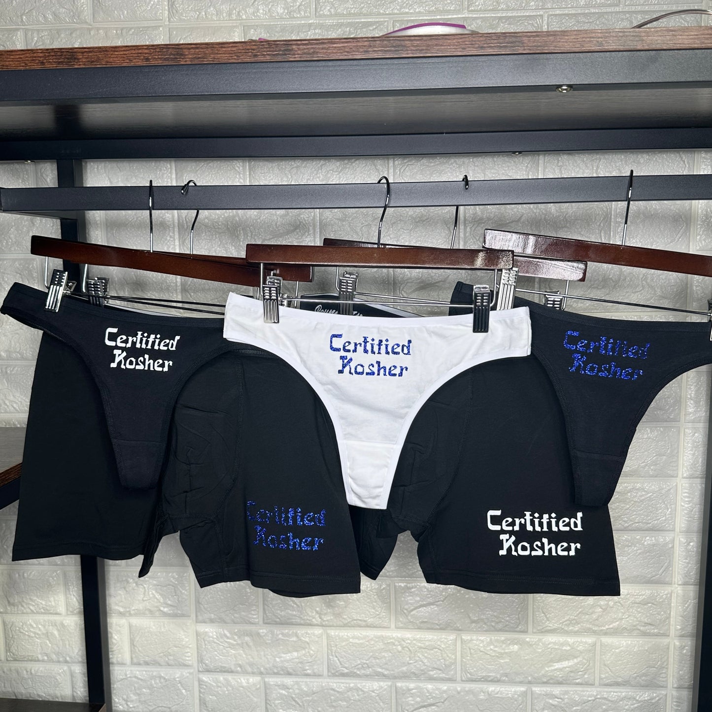 Certified Kosher Cotton Thong Panties with Blue Glitter Letters