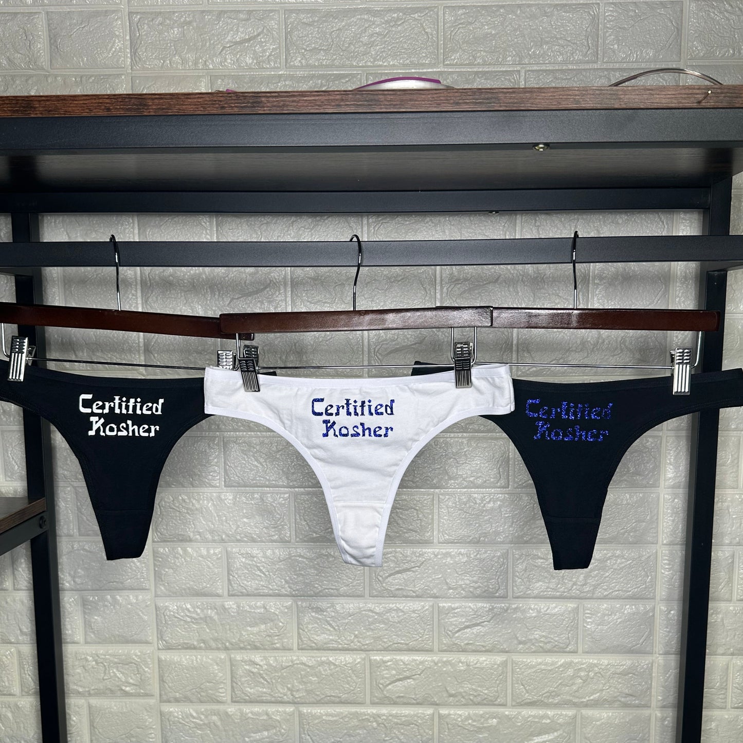 Certified Kosher Cotton Thong Panties with Blue Glitter Letters