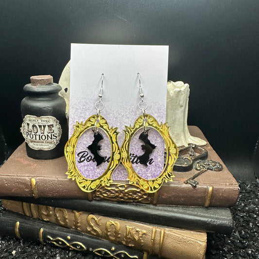 Halloween Photo Frame Mirrored Gold Acrylic & Black Bats Earrings