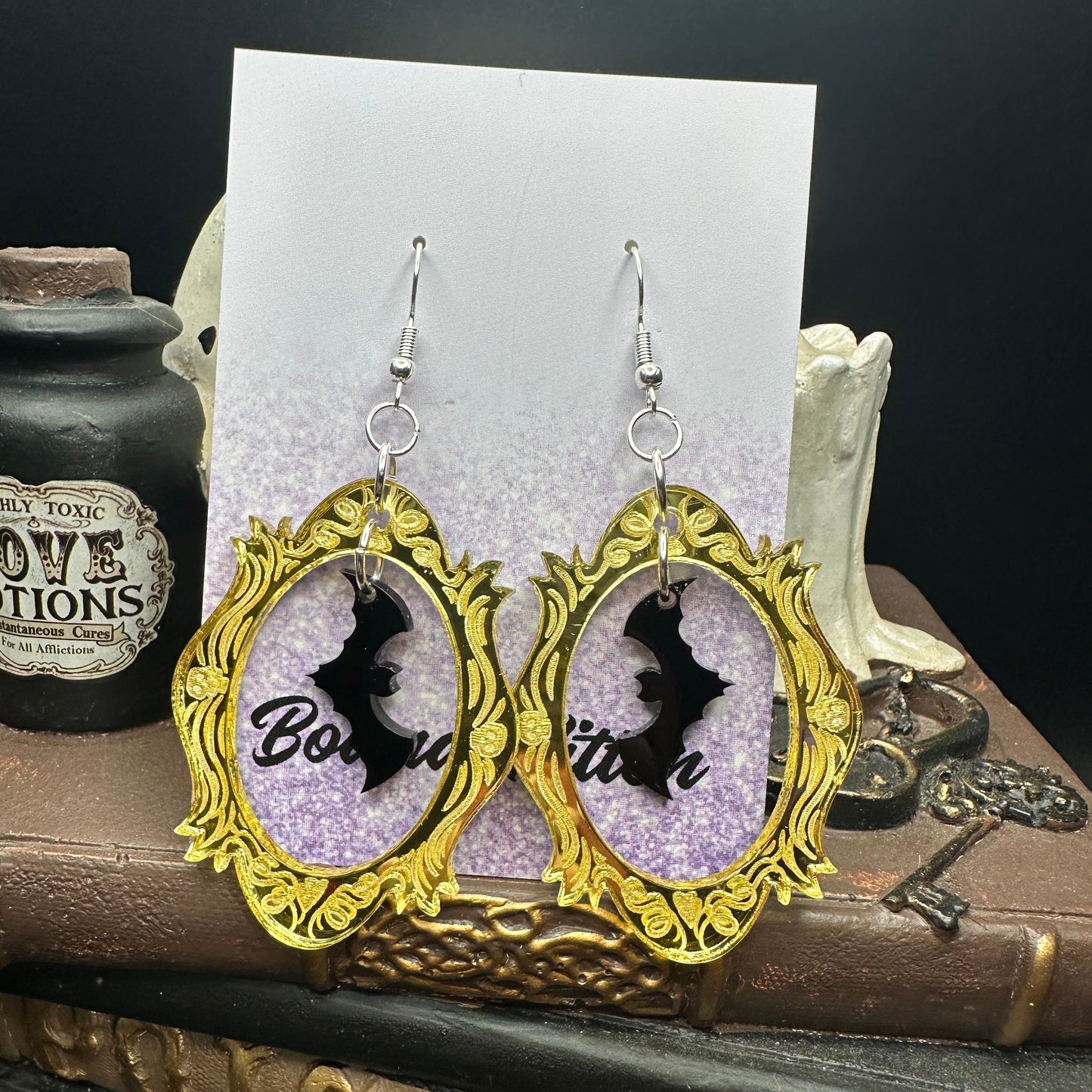 Halloween Photo Frame Mirrored Gold Acrylic & Black Bats Earrings