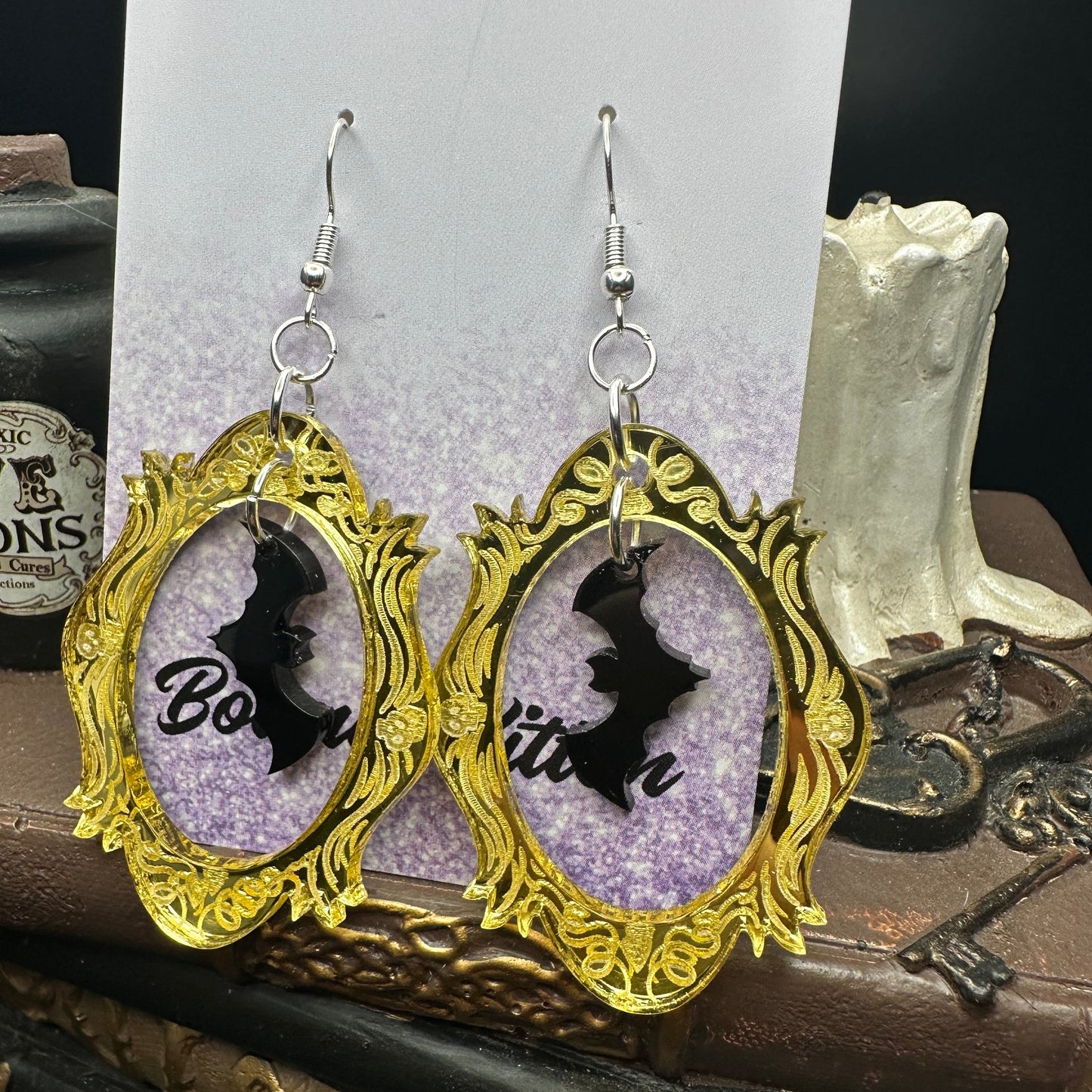 Halloween Photo Frame Mirrored Gold Acrylic & Black Bats Earrings
