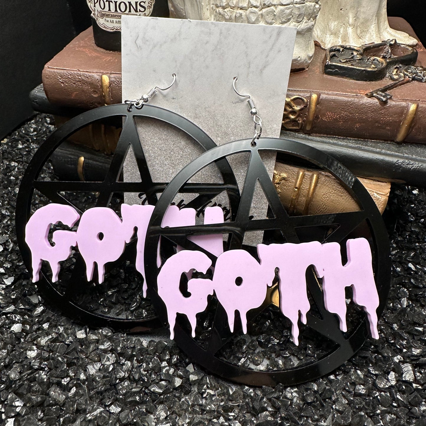 Pentagram Goth Acrylic Black & Violet Earrings