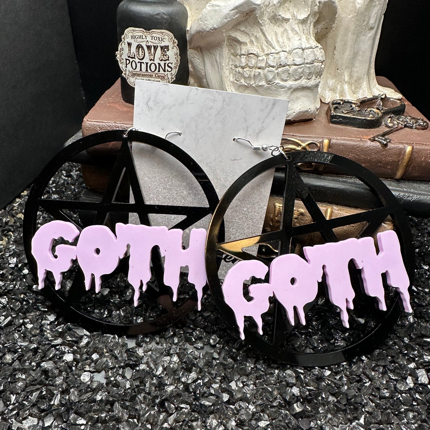 Pentagram Goth Acrylic Black & Violet Earrings