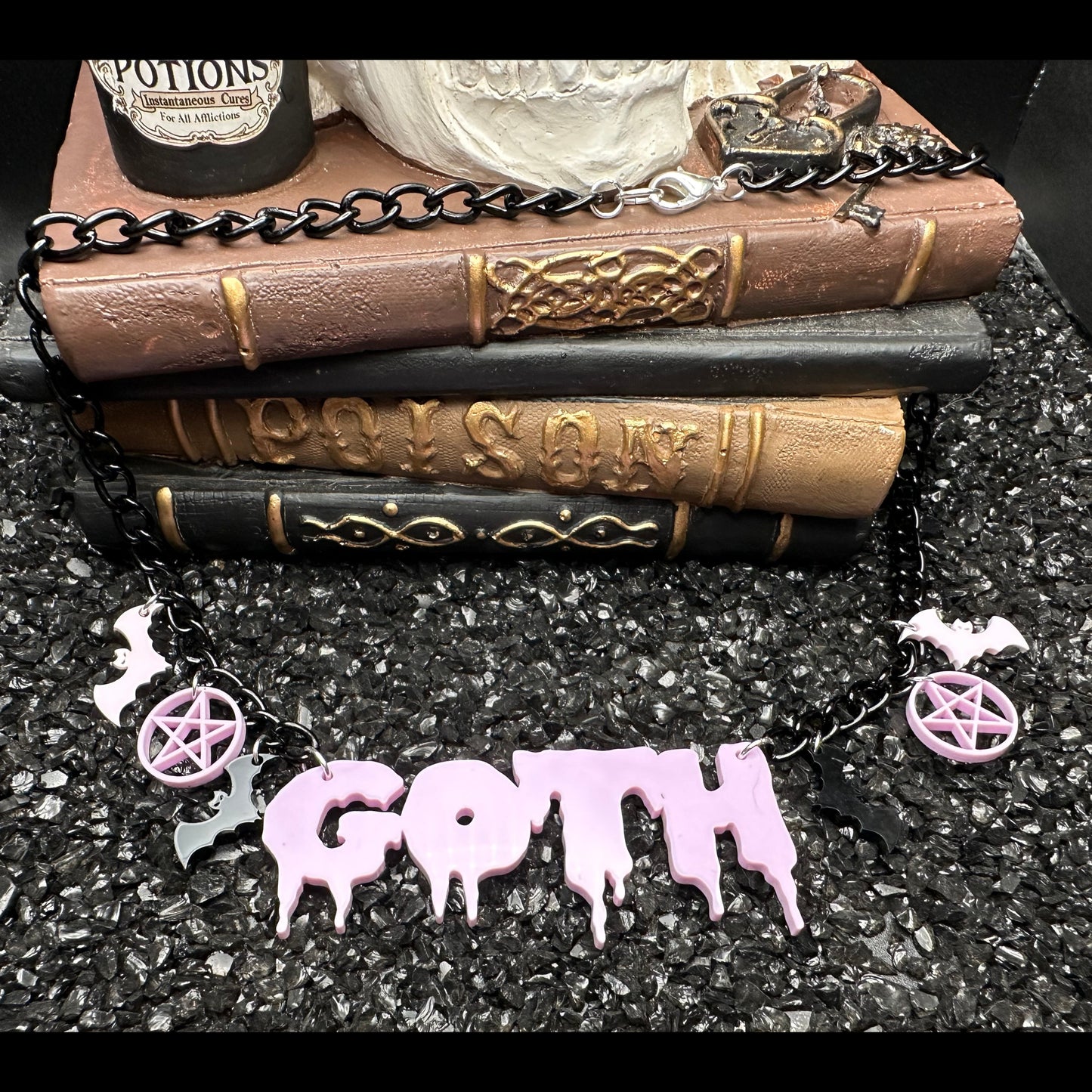 Goth Necklace with Pentagram and Bat Charms