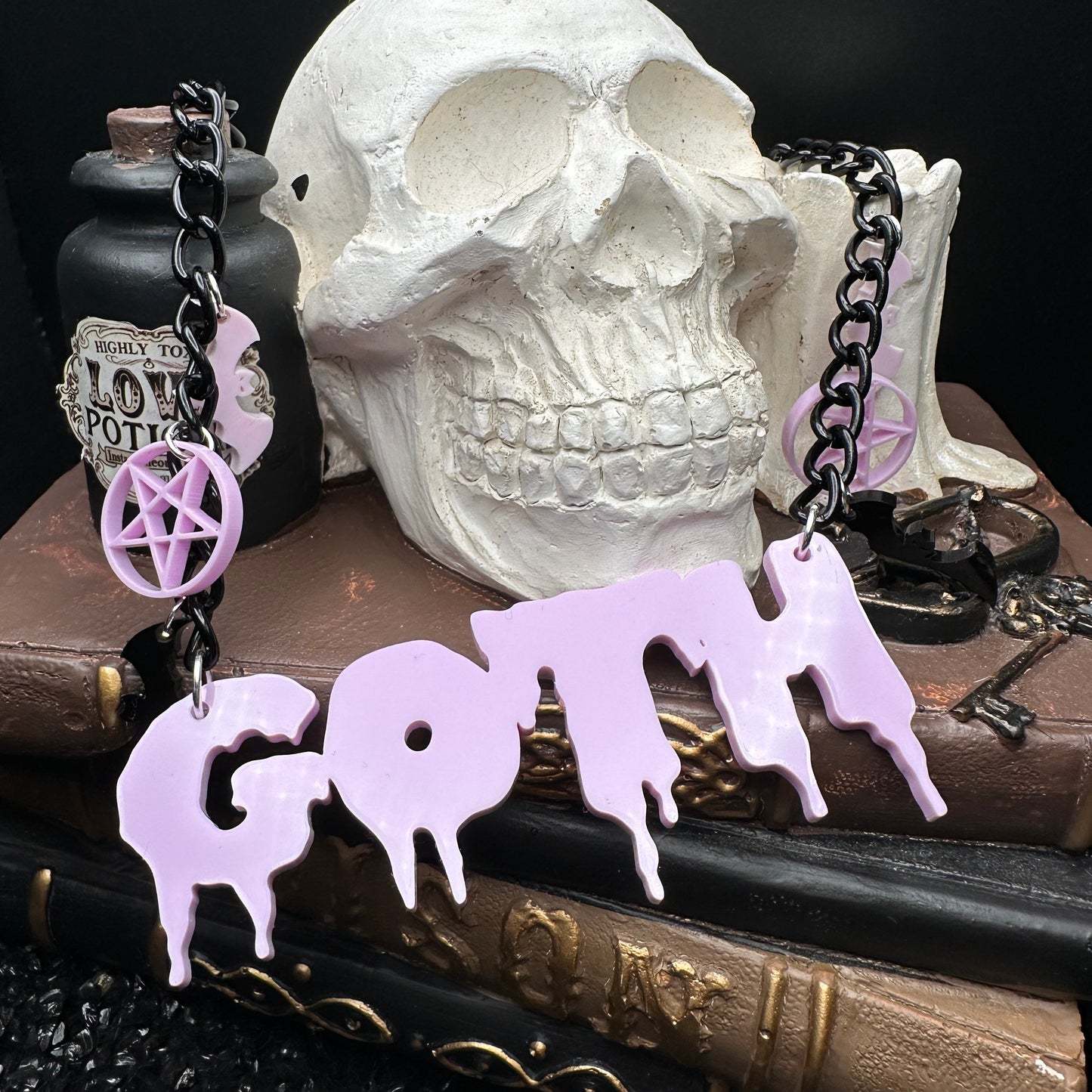Goth Necklace with Pentagram and Bat Charms