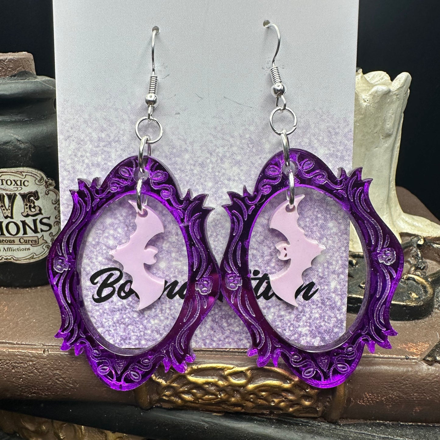 Halloween Photo Frame Mirrored Purple Acrylic & Lavender Bats Earrings