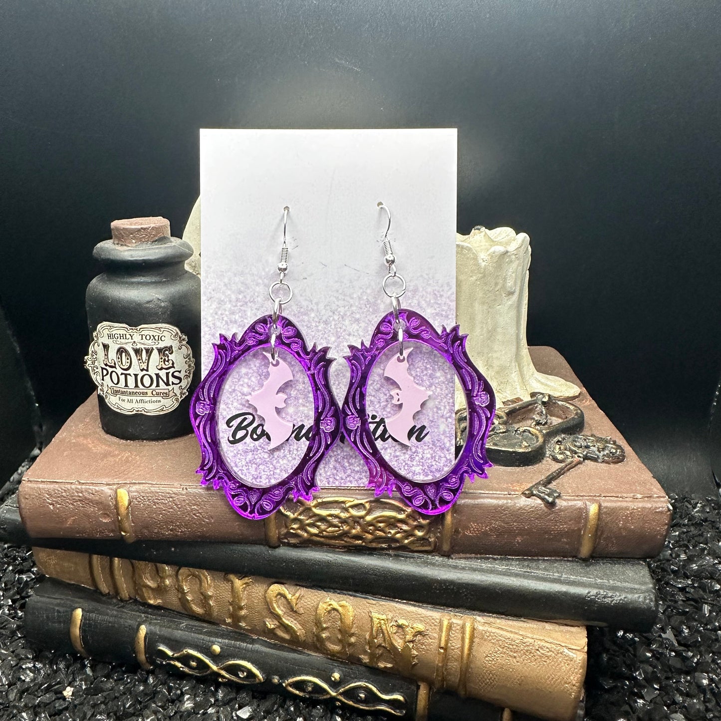 Halloween Photo Frame Mirrored Purple Acrylic & Lavender Bats Earrings