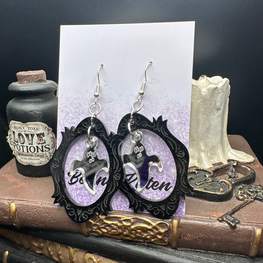 Halloween Photo Frame Black Acrylic & Silver Mirrored Ghosts Earrings
