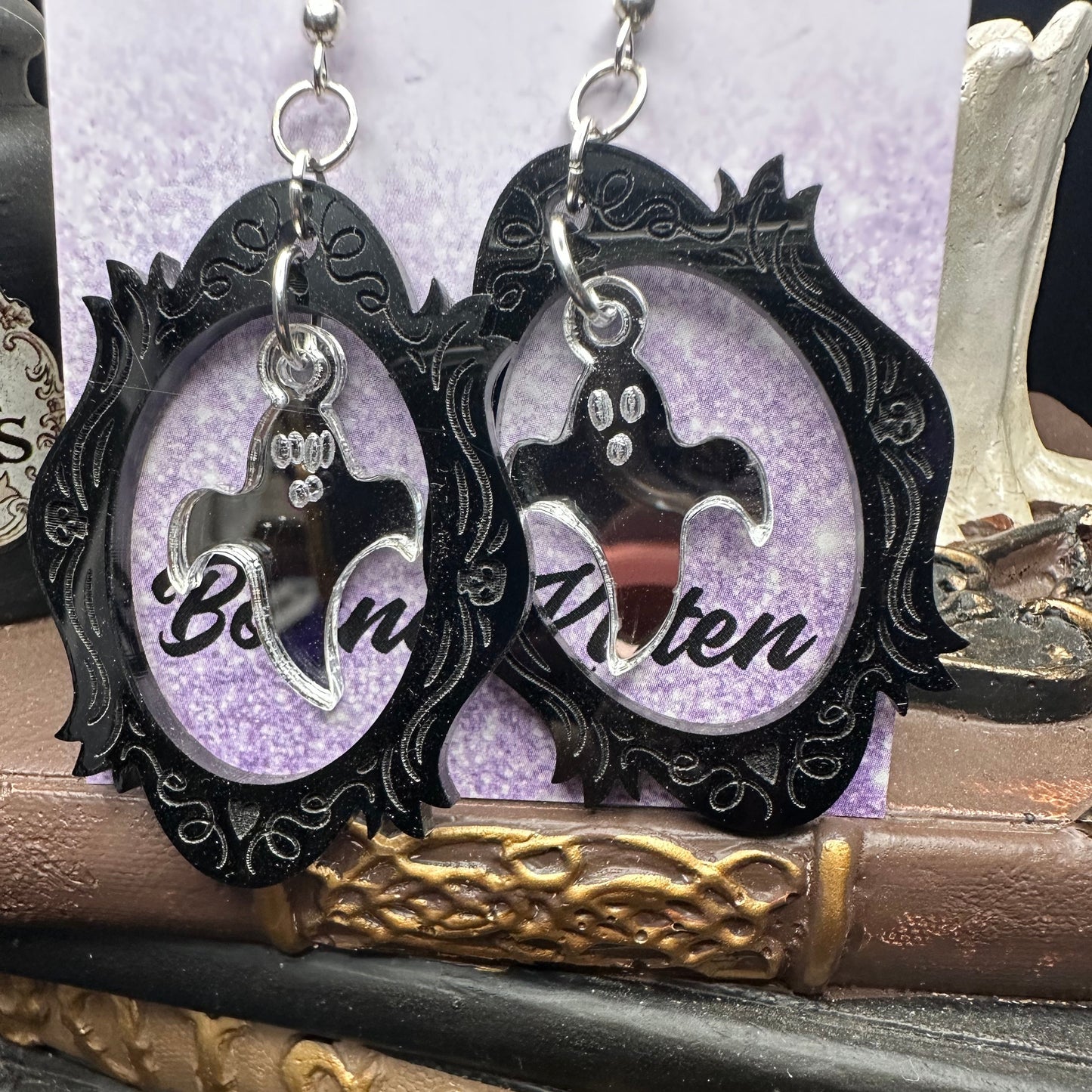 Halloween Photo Frame Black Acrylic & Silver Mirrored Ghosts Earrings