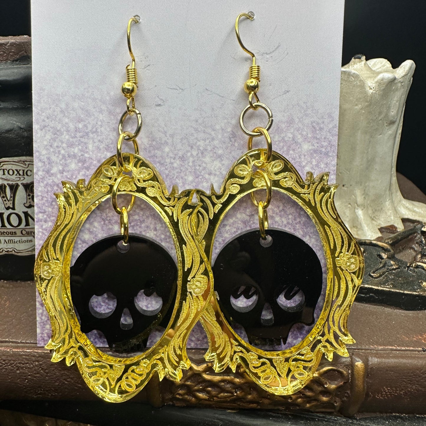 Halloween Photo Frame Mirrored Gold Acrylic & Black Skull Earrings
