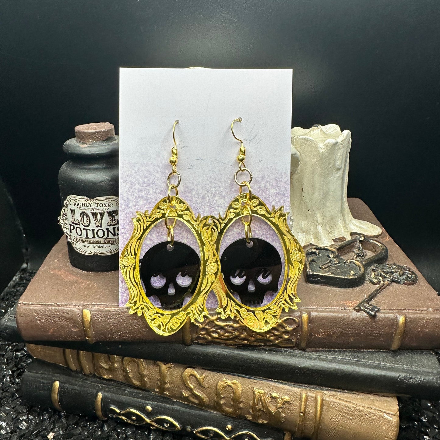 Halloween Photo Frame Mirrored Gold Acrylic & Black Skull Earrings