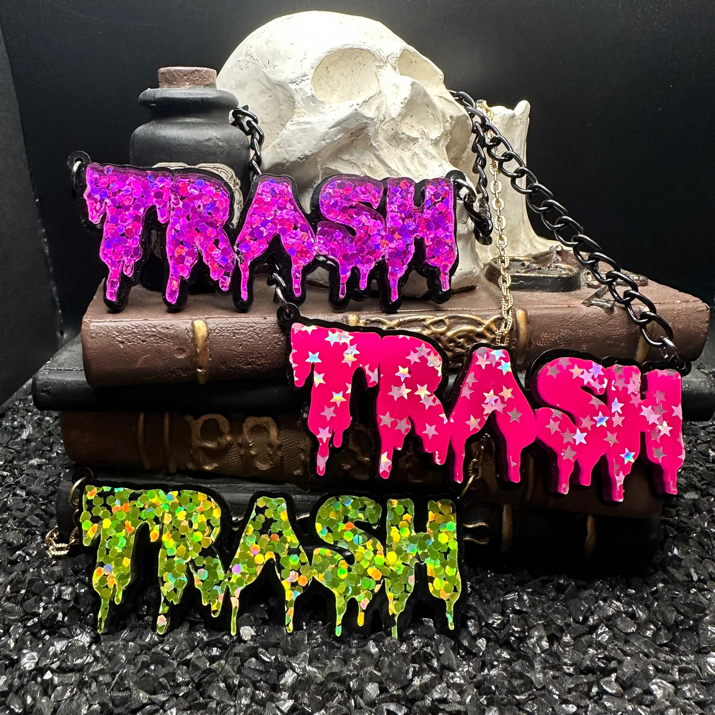 TRASH Glitter Lime Green Drippy Necklace