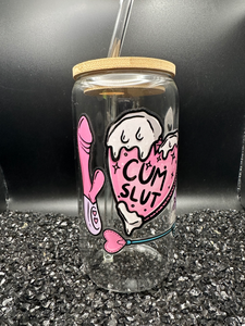 Cum Slut Pleasure Kink 16oz Libby Glass Jar w/Bamboo Lid & Straw
