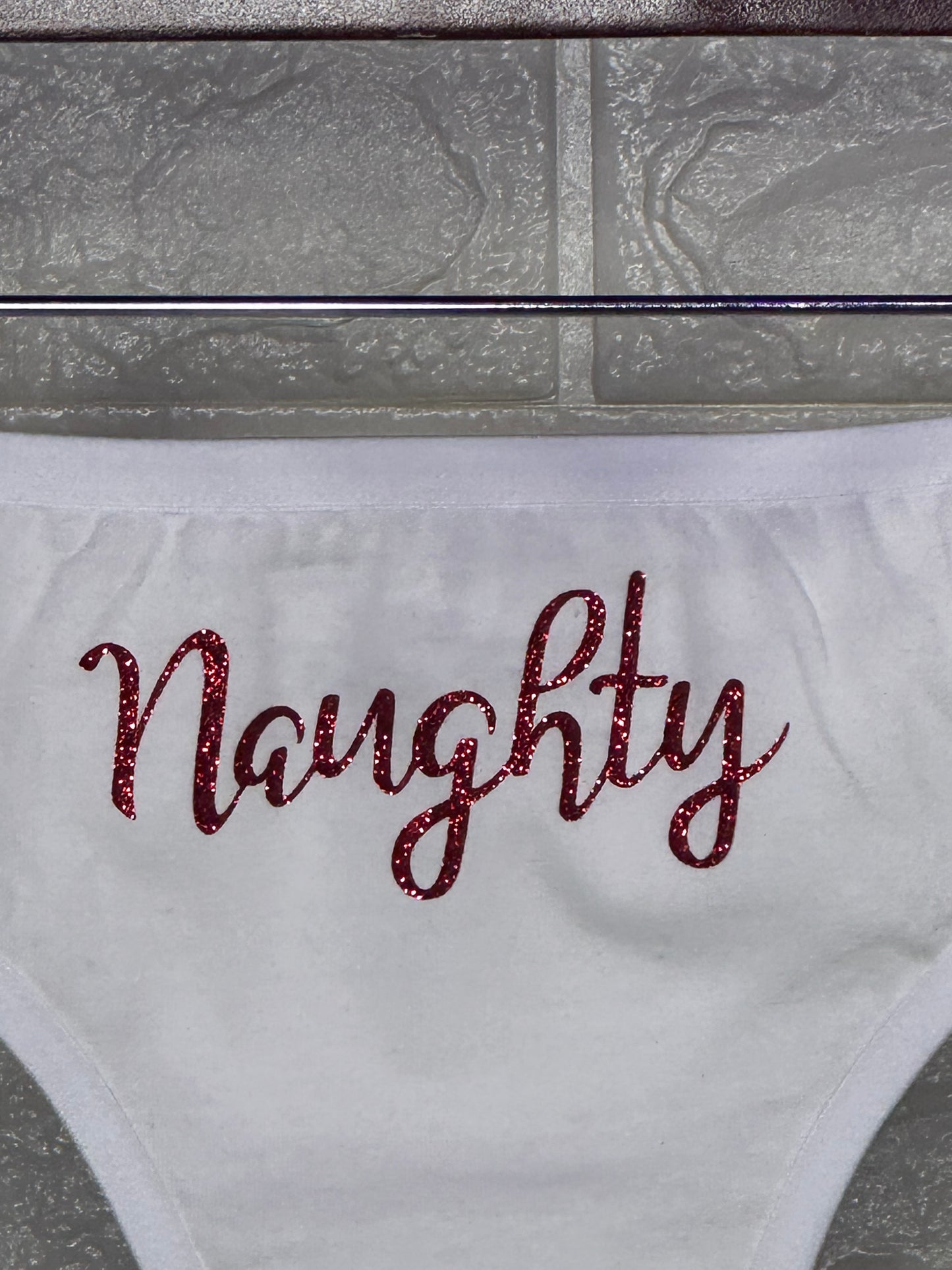 Naughty Cotton Thong Panties with Red Glitter Letters